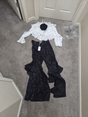 L'ATISTE Black Satin-Look Flared Ruffle Pants